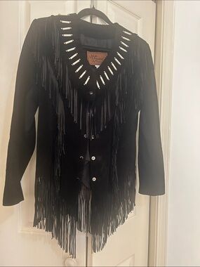 Vintage 80s Handcrafted Echo Mountain Leather Fringe SUEDE Jacket - Jet Black -